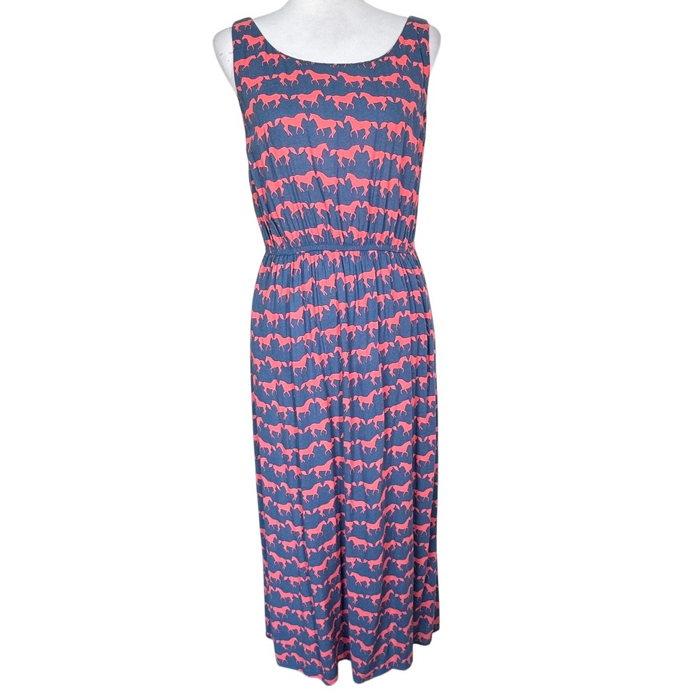 ANORAK Womens Medium Navy Pink Horse Print Sleeveless Lenzing Ecovero Midi Dress